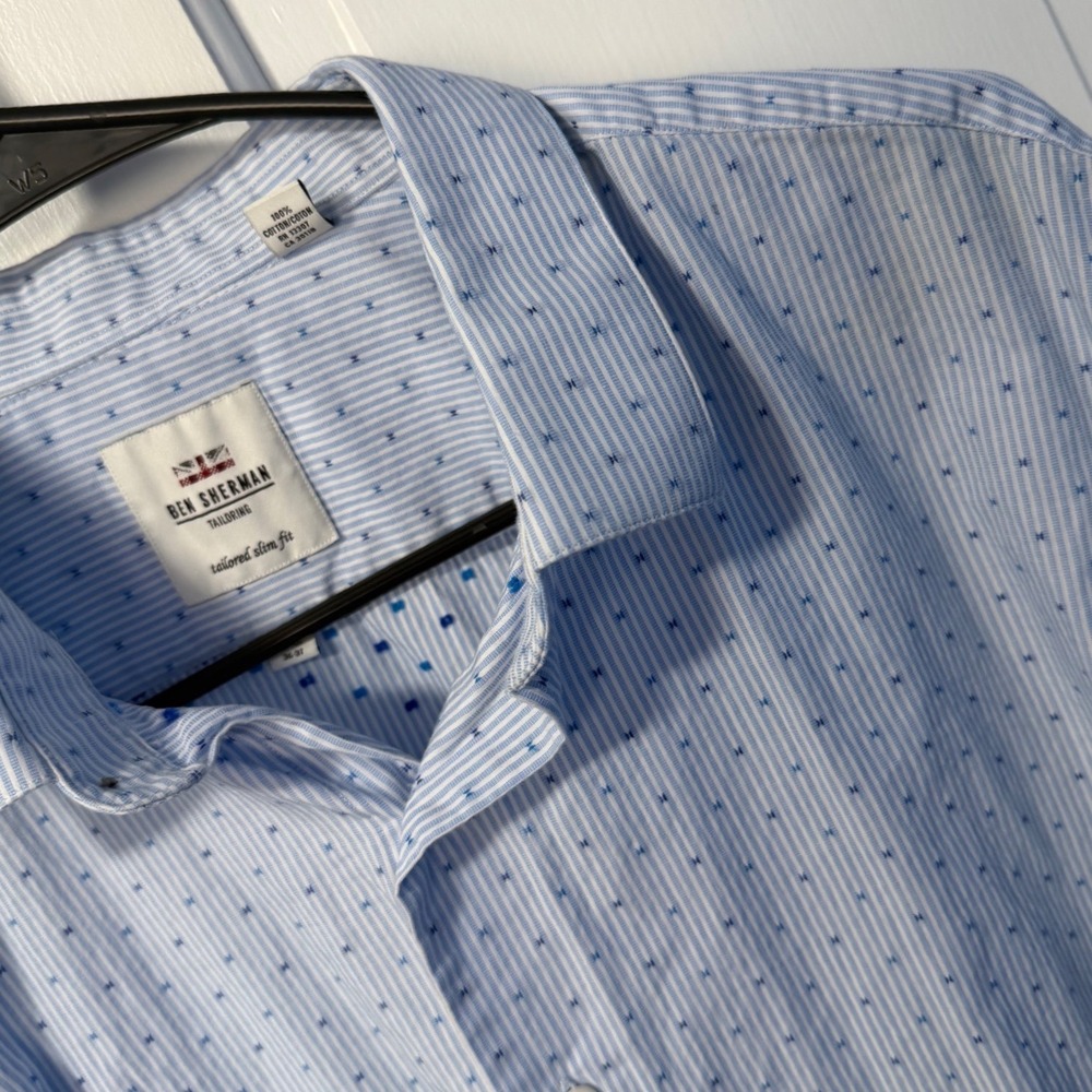 Ben Sherman Shirt Mens 17.5 36/37 Blue Striped Slim Fit